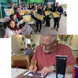 A collage of two photos
Top photo is a group of people all smiling at the camera and holding newspapers outside ASDA
Bottom photo is an elderly man doing a drawing