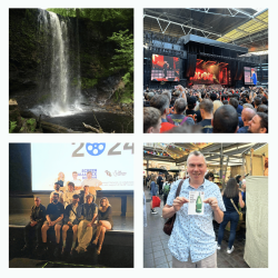 A grid photo of a waterfall, a stage lit up in red for an AC/DC Concert, a group of people sat on a stage and a man in a blue shirt holding a book