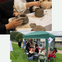 A photo of people doing pottery and a photo of people doing embroidery in a gazebo outside