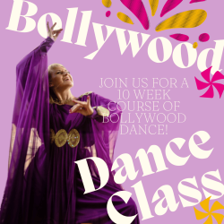 A photo of a woman doing bollywood dance on a purple background with text advertising bollywood classes