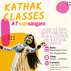 A photo of a woman doing Kathak Dance with text around advertising the classes