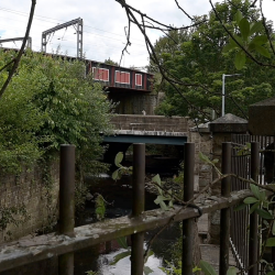 A photograph of a canal surrounded by trees and a railway bridge going over it