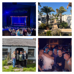 A collage of 4 photos.
Photo 1 is of a stage lit up in purple
Photo 2 is some white buildings with palm trees and a path going through it
Photo 3 is of a family with a mum, dad, son and daughter stood in front of a blue building
Photo 4 is a group of friends holding drinks and hugging