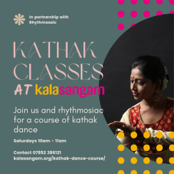 A kathak dancer with the words 'kathak classes at kala sangam' in front of her