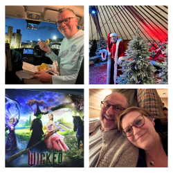 A collage of 4 photos:
1 - A photo of a man inside a campervan eating fish and chips in front of a castle
2 - A photo of santa in a big tent with a christmas tree
3 - A photo showing the poster for the film Wicked
4 - A photo of two people taking a selfie smiling at the camera