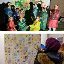 Two photos - one of a group wearing plastic ponchos throwing paint at a huge canvas on a wall and one photo of a woman taking a photo of a tapestry made of different colours and designs