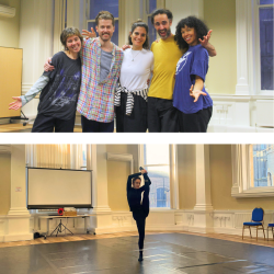 two photos - one of a group of 5 people all hugging and smiling at the camera and the other photo of a woman dressed in black stretching her leg up to her head in a dance studio