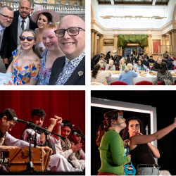 A collage of 4 photos
1. A group selfie in front of Buckingham palace
2. Everyone sharing a meal at an Iftar in a museum
3. A qawwali singer looking at the camera
4. Two girls taking a selfie