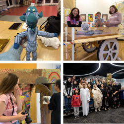 A collage of 4 photos
1. A blue sock puppet
2. A photo of a woman and 2 children next to a cart with different art supplies on it
3. A photo of a girl holding a camera
4. A photo of a large group of people smiling