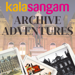 A photo of an old building with cartoon polariod photos in front of it and it reads 'kala sangam archive adventures'